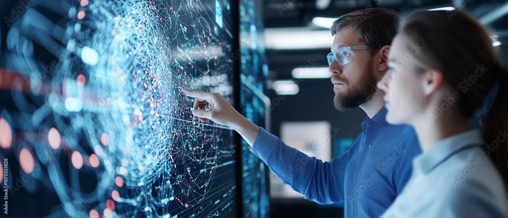 Aufkleber Two data analysts explore AI generated data visualizations on digital screen, focusing intently on complex network patterns and connections in modern office environment