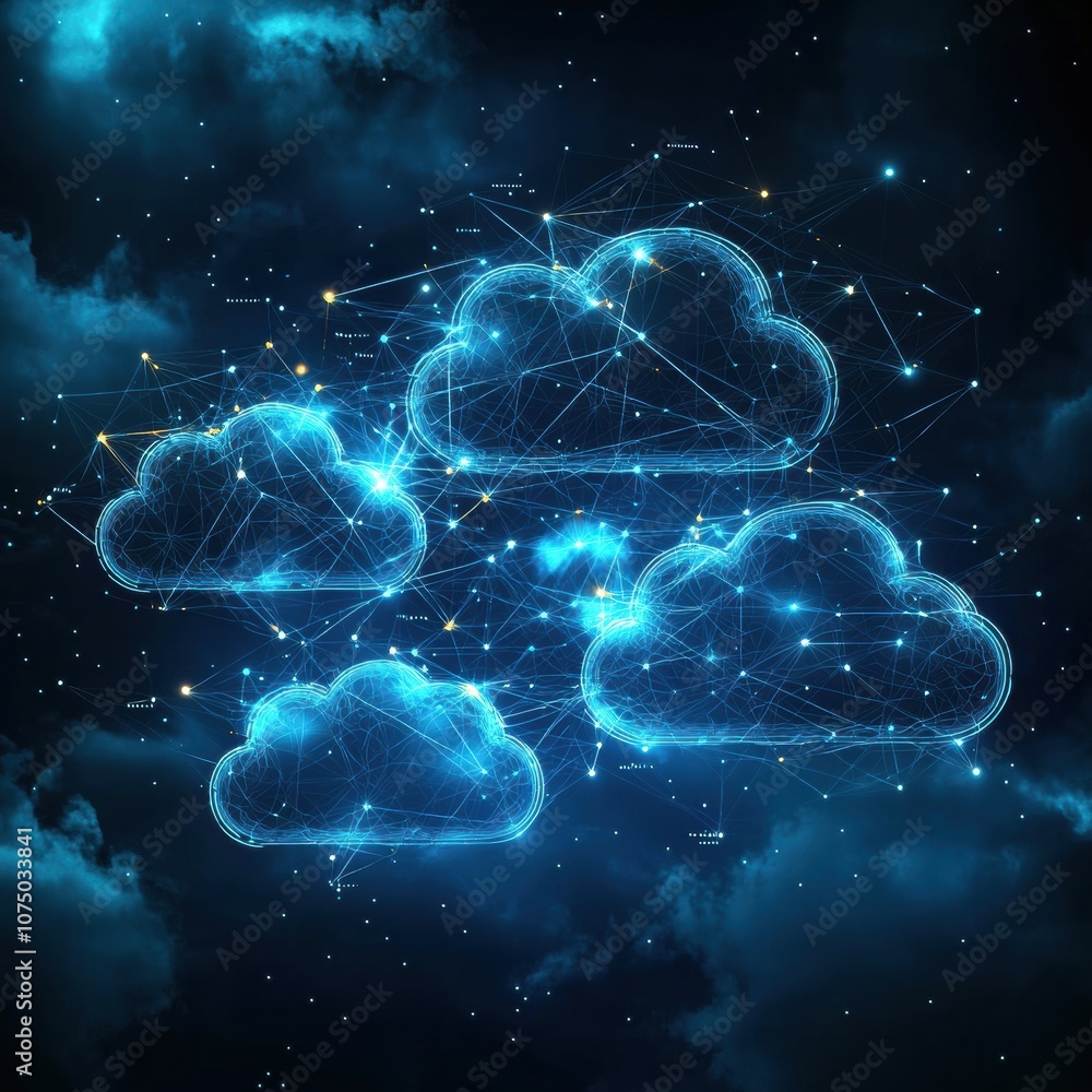 Poster Glowing digital clouds representing cloud computing and internet technology