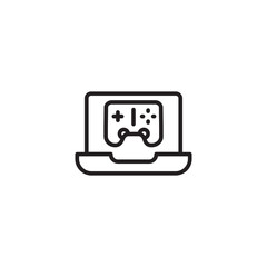 A simple line drawing of a laptop with a game controller icon. A minimalist icon showing a laptop with a game controller icon on the screen. Editable icon.