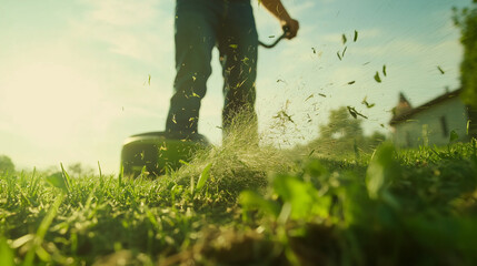 Person using a lawn trimmer to cut grass with blades and leaves flying on a bright sunny day in a rural area