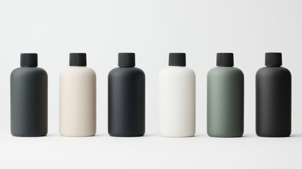 A modern arrangement of minimalist bottles in varying shades on a neutral background, showcasing sleek design and contemporary aesthetics.