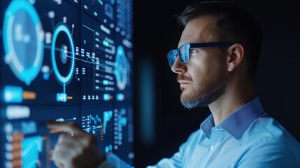 Analyst examining data on interactive digital display, focused on financial graphs and network analytics