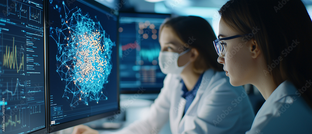 Aufkleber Two scientists analyze data on computer screens in modern lab, focusing on complex network visualizations