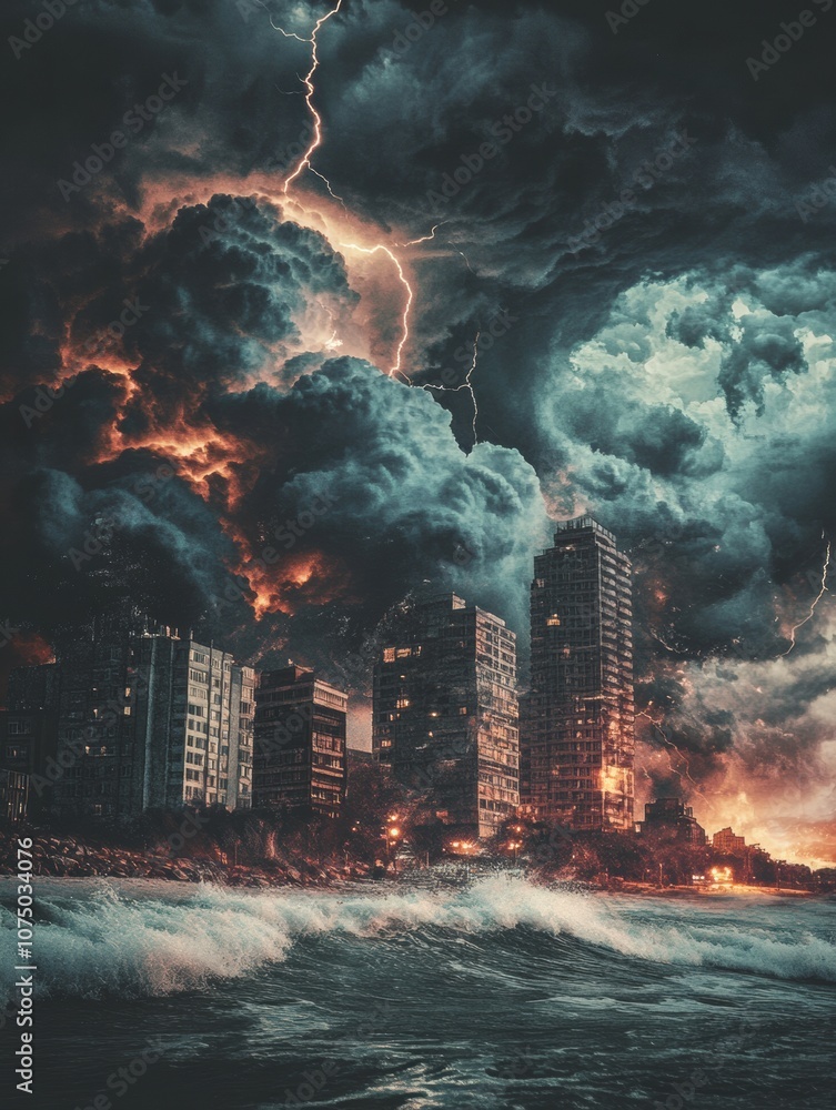 Poster dark storm clouds loom over the coastal city, illuminated by flashes of lightning, signaling an impe
