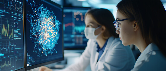 Two scientists analyze data on computer screens in modern lab, focusing on complex network visualizations