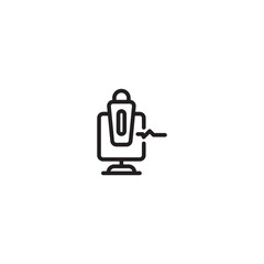 A simple line drawing of a microphone on a stand on icon. A minimalist icon showing a microphone on a stand with sound waves. Editable icon.