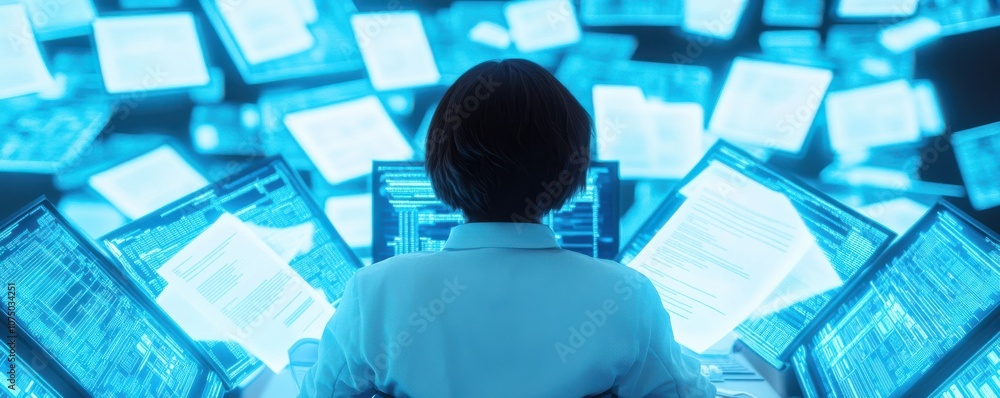 Poster a person works with multiple screens in a modern tech setting.