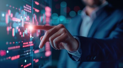 Business professional interacting with futuristic digital interface, analyzing financial data with glowing red charts