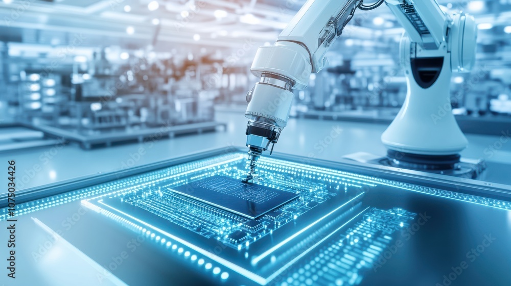 Poster a robotic arm assembling a microchip in a modern facility.