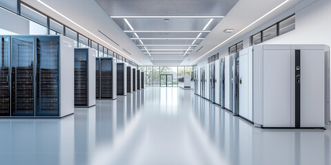 Modern data center interior showcasing rows of servers, sleek design, and advanced technology. spacious environment is well lit, emphasizing efficiency and innovation