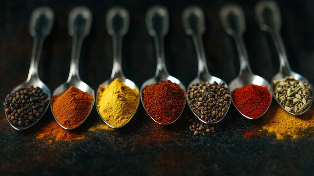 "Spectrum of Flavor: Aromatic Spices in a Row of Spoons"