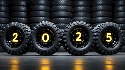 Obraz premium Four prominent tires are arranged to form the numbers 2025, symbolizing strength and durability. Behind them, a wall of stacked tires creates a striking industrial backdrop, adding depth to the settin