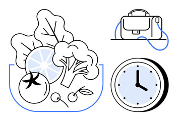 Assorted fresh vegetables, briefcase, and clock representing healthy eating, work-life balance, and time management. Ideal for wellness, time management, nutrition, work-life balance, productivity
