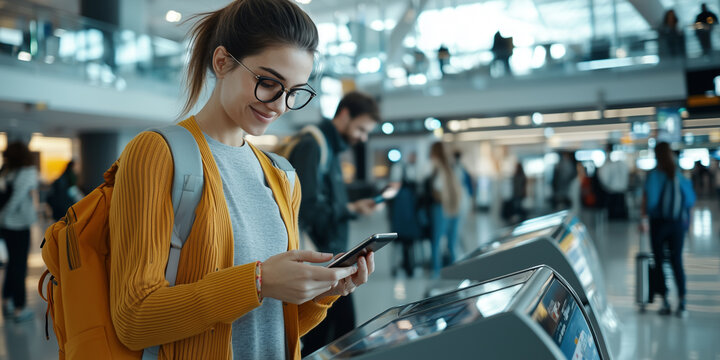 young woman in busy airport terminal uses her mobile device at kiosk, surrounded by travelers. atmosphere is lively and bustling with people on move