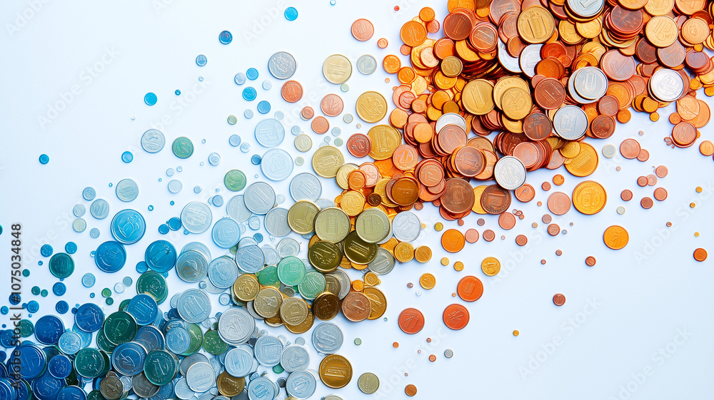 Poster colorful array of coins in various sizes and colors is scattered across white background, creating dynamic and vibrant visual effect. composition suggests movement and energy