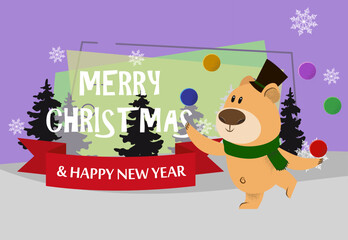 Merry Christmas and Happy New Year postcard with cute bear. Illustration of joggling bear with balls in cylinder hat on background with winter forest. Can be used for postcard, greeting card, leaflet