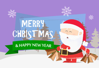 Merry Christmas and Happy New year postcard with Santa Claus. Illustration of Santa Claus holding paper bags on background with winter forest. Can be used for postcard, greeting card, leaflet