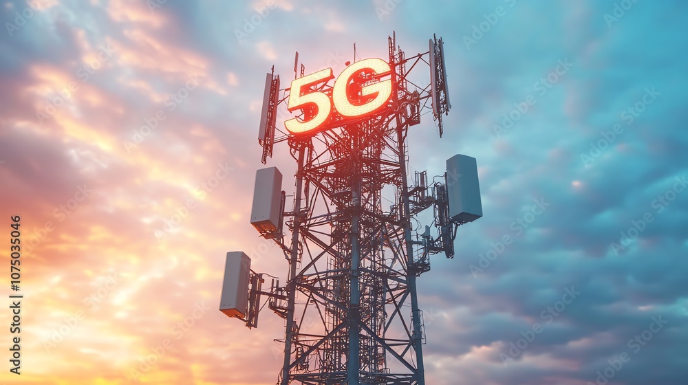 Poster a cell tower with a 5g sign illuminated against a cloudy sky at sunset.