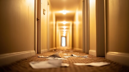 A dimly lit hotel corridor with scattered papers on the floor.