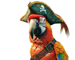 Colorful parrot wearing a pirate hat against a transparent or white background.