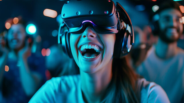 woman wearing VR headset and headphones is joyfully immersed in virtual reality experience, surrounded by diverse group of gamers. vibrant lighting enhances excitement