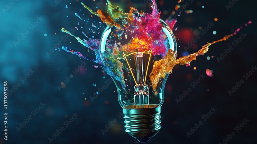 Poster bulb with colorful ink splashing out of it. 3d rendering - generated ai