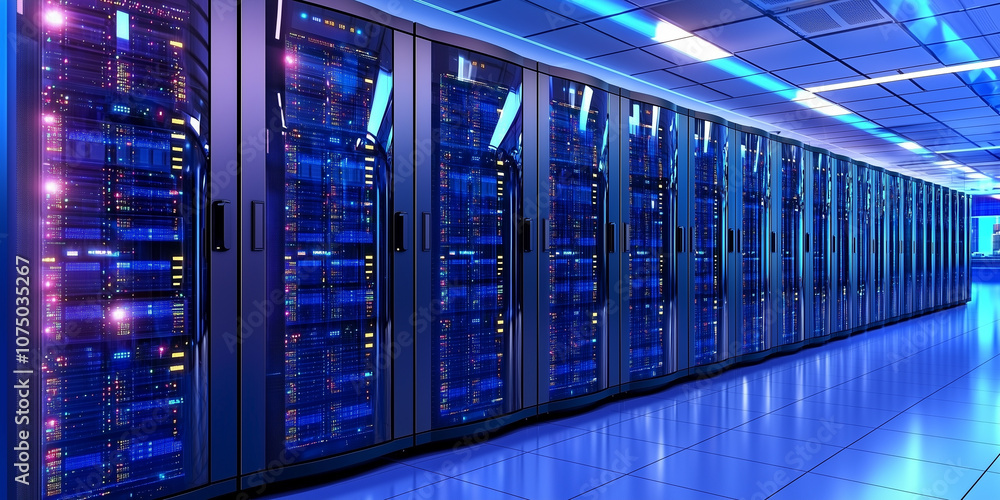 Poster futuristic data center with endless rows of servers, glowing with blue lights, showcasing advanced technology and modern infrastructure