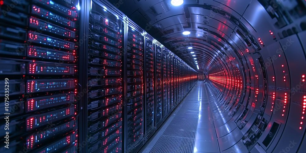 Aufkleber futuristic data center with endless rows of servers and glowing lights creates high tech atmosphere