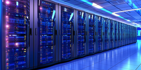 futuristic data center with endless rows of servers, glowing with blue lights, showcasing advanced technology and modern infrastructure