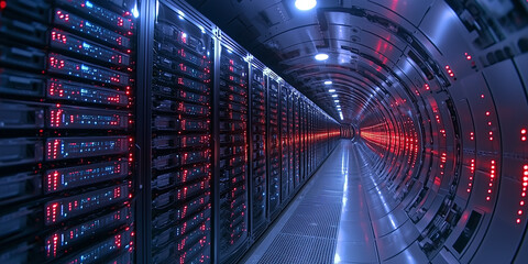 futuristic data center with endless rows of servers and glowing lights creates high tech atmosphere