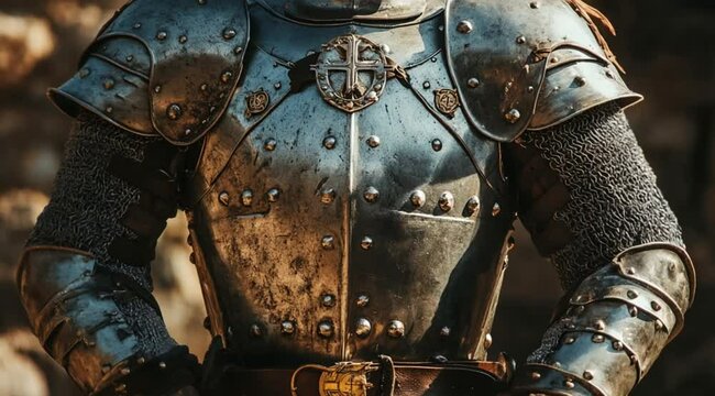 Body armor scene of an ancient medieval man, Camera slow motion with different angles