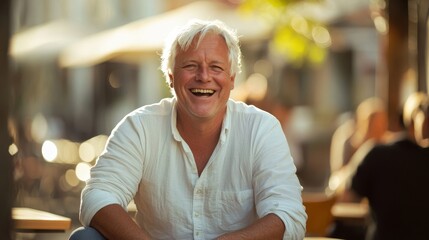 Obraz premium A white-haired mature man in loose jeans and a white casual shirt laughing in an outdoor cafe with blurred background of urban street and people, natural sunlight