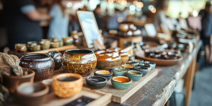 variety of handcrafted pottery displayed at local craft fair, showcasing artisans creativity and skill. vibrant colors and unique designs attract visitors