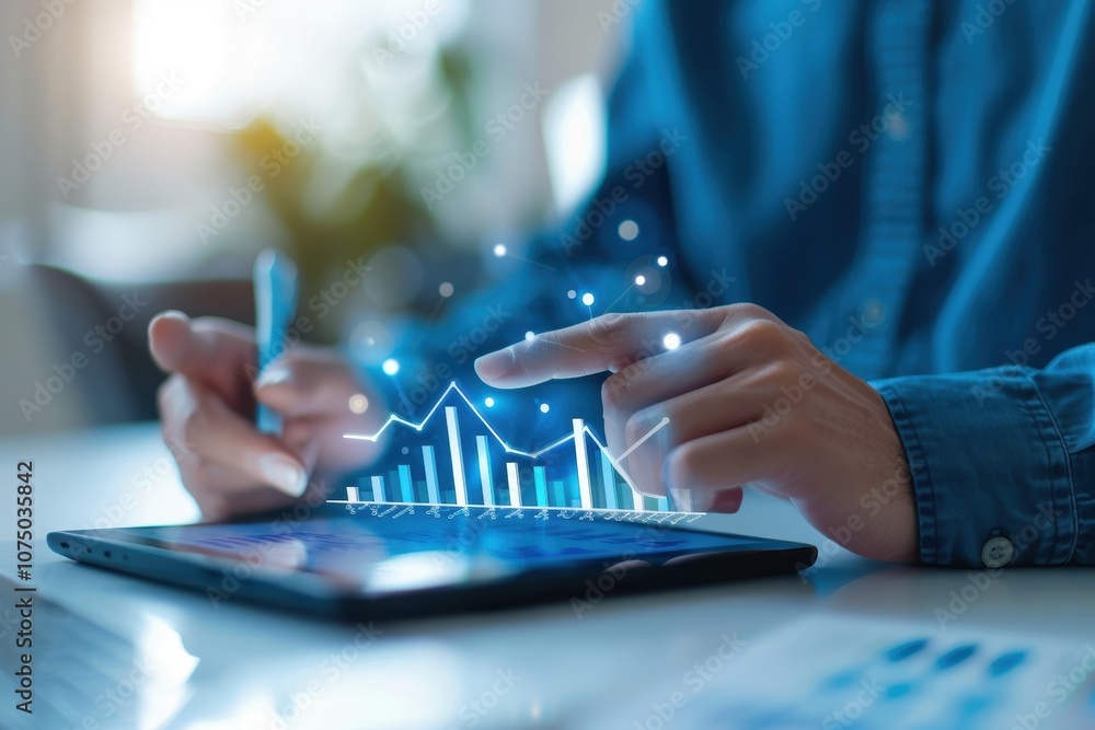 Poster hand pointing at a digital chart on a tablet, visualizing data and financial growth trends, represen