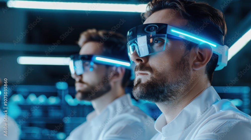 Poster two engineers in a high-tech lab wearing advanced augmented reality headsets with blue led lights, f