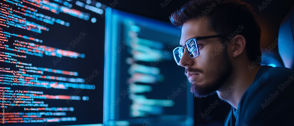 Fototapete focused programmer analyzes complex algorithms on dual monitors, illuminated by glow of code