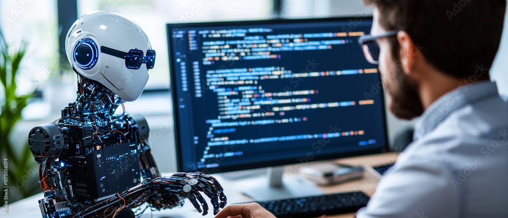 Poster programmer collaborates with AI assistant on coding project, showcasing innovation and teamwork in modern office setting. scene highlights technology and human interaction