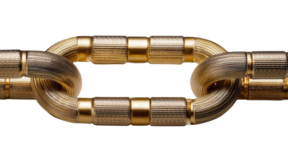 Close-up of a golden chain link showcasing intricate design and craftsmanship, transparent background