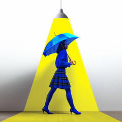 Woman dressed in blue, with umbrella, walking under yellow spotlight, creating contrasting and...