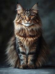 Maine Coon cat, majestic pose, stunning fur, dark background.