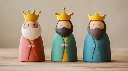 Charming wooden figurines of the Three Kings with simple, soft colors and golden crowns. Epiphany. Feliz Dia de Reyes