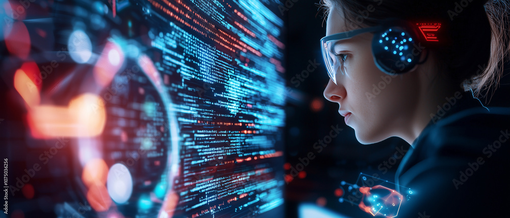 Leinwandbilder programmer deeply focused on analyzing code on computer screen, wearing futuristic glasses and headphones, surrounded by digital data and holographic interfaces