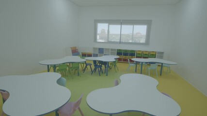 This image showcases a bright and inviting classroom space, perfect for young learners. The colorful furniture and playful design create a stimulating environment for learning and exploration.