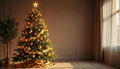 Fototapeta premium Elegant Big Christmas Tree in a living room - holiday xmas background