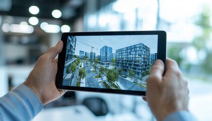 real estate agent uses tablet to show virtual tour of modern urban apartments, highlighting convenience of digital technology in property sales