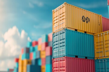 Fototapeta premium Stacked colorful cargo containers at shipping port, concept of logistics and international trade