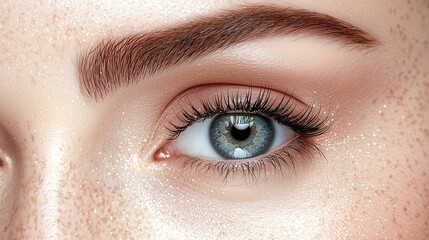 Obraz premium Close-up of a woman's eye with stunning blue iris and natural freckles