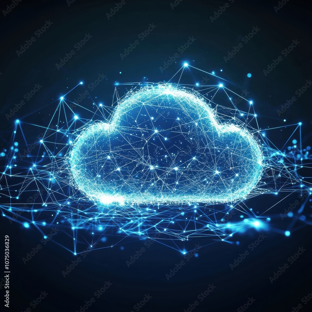 Poster Cloud computing technology: glowing digital network and connections on dark background