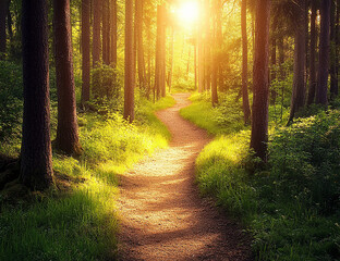 Fototapeta premium a forest path leading through an ancient woodland, with tall trees and green grasses