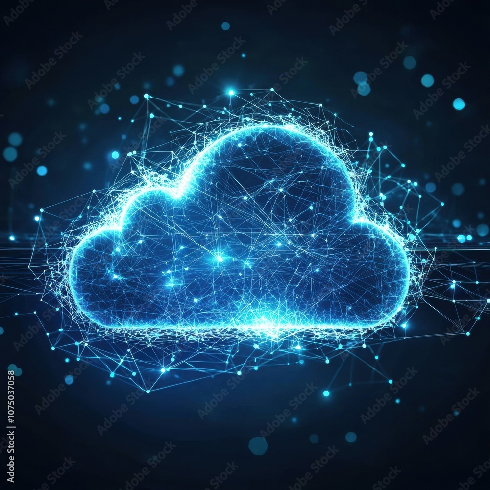 Poster cloud computing technology: glowing digital network and connections